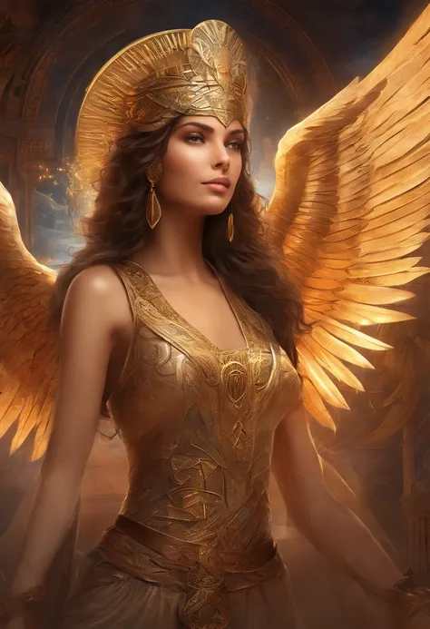 photo realistic woman, woman brown eyes, brown hair, ultrahd, surrealistic style, Egypt angel, demi-dieu, goddess , ultra detailed face, Hieroglyphics