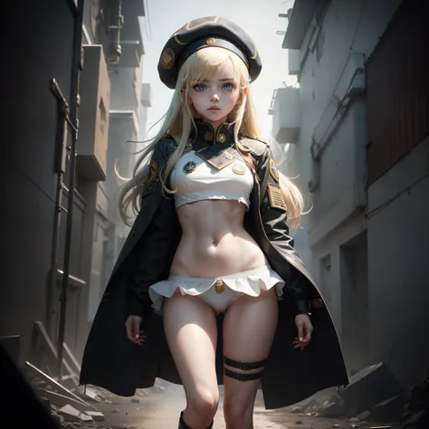 ukrainian girl , Ukrainian anime girls , , Ukraine ,  Full body composition of young girl with messy bright blonde hair,eye make up, 14 year old,  Soft lighting, Solo, Old torn dirty shabby futuristic military uniform, badges, Pose, Blotch color, Octane Re...