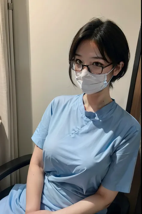 A dark-haired、Wear a mask、Black tabby glasses、short-cut、Colossal tits、Light blue nurse clothes、Slouched、Eyes that laughed、In the hospital、Hospital Room