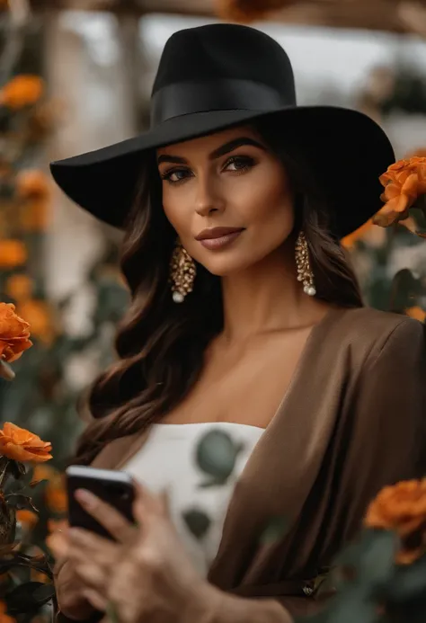 mulher latina, 36-year-old brunette with black hat holding an iPhone 12 Pro Max white, designed for cozy aesthetics!, Florido, foto do produto de alta qualidade, Floral Bling, arte do designer, foto oficial do produto, full facial vision, bottom angle, fot...