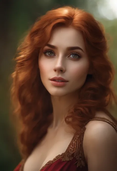 Best quality, Masterpiece, (Realistic: 1.2), 1 girl, Slim girl, Red hair, Brown eyes, Front, Detailed face, Beautiful eyes, Brown eyes, Big eyes, Small breasts, cleavage, Long dress