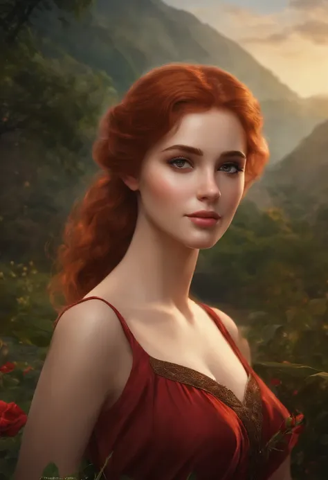 Best quality, Masterpiece, (Realistic: 1.2), 1 girl, Slim girl, Red hair, Brown eyes, Front, Detailed face, Beautiful eyes, Brown eyes, Big eyes, Small breasts, cleavage, Long dress