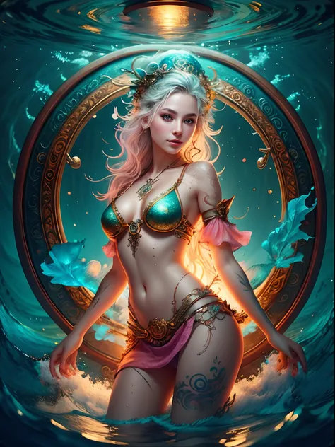 ,beautiful goddess emerging from the ocean, caucasian girl with shiny silver hair, full female body, golden eyes, wild waves, big waves, oriental mandala tattoos, transparent dresses, skin wet with water, stormy sky, sunset sky red stormy clouds, ancient t...