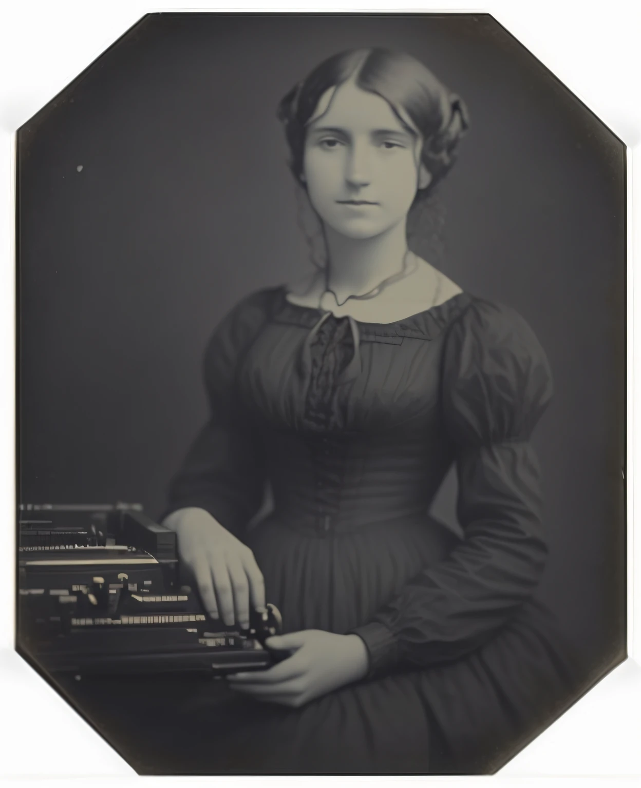 Photo of a woman in a black dress holding a typewriter, Maria Anning, Foto de uma mulher, 1 9th-century photograph, Photo Daguerreotype, 1800, um retrato frontal de um delicado, autor desconhecido, daguerreotype, 1840, foto da mulher jovem, foto muito conh...