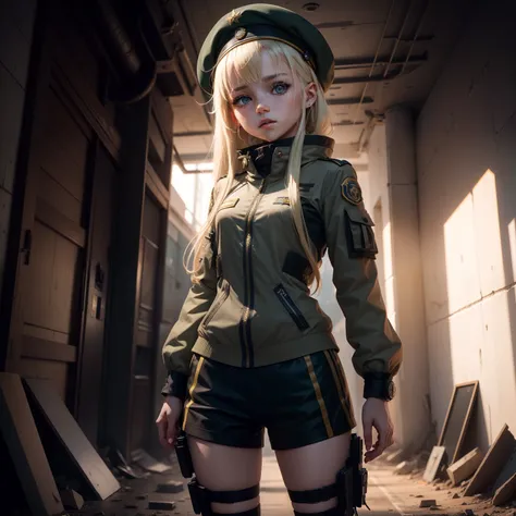 ukrainian girl , Ukrainian anime girls , , Ukraine ,  Full body composition of young girl with messy bright blonde hair,eye make up, 14 year old,  Soft lighting, Solo, Old torn dirty shabby futuristic military uniform, badges, Pose, Blotch color, Octane Re...