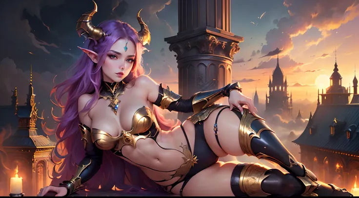 ((Need)), ((tmasterpiece)), (A detailed), Enchanting succubus, Sexy beauty, Perched in clouds, (fantasy illustrations:1.3), Seductive gaze, captivating posture, tight top, wearing golden armour，otherworldly charm, Mysterious Sky, Strange fire clouds，the se...