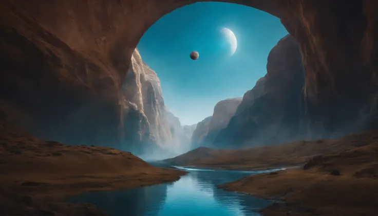 A quiet canyon，There is a wide river in the center。Above the canyon，Several futuristic style drones fly in the air。A transparent crystal ball floats in the middle of the river，The inside is filled with blue liquid。An alien spaceship is docked at the edge o...