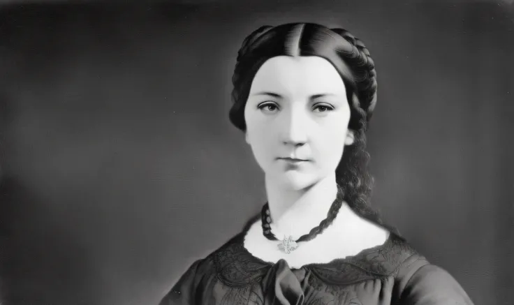 Arafed foto em preto e branco de uma mulher com gravata, Maria Anning, 1800, inspirado em Anne Said, arte deslumbrante, alta arte, 1840, Florence Nightingale, na casa dos 20 anos, inspirado em Josefina Tanganelli Plana, foto muito conhecida, 1850, 1 8 5 0,...