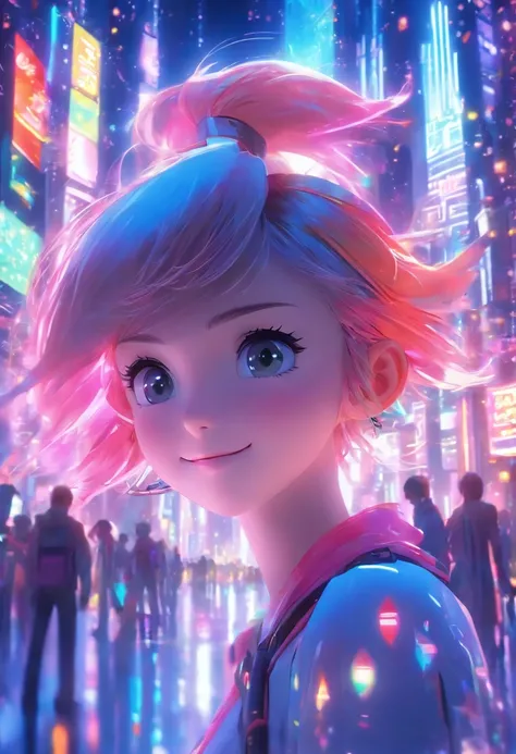 "Create a semi-realistic 3D scene featuring an adorable young girl with pointed ears, a slender body, and a slightly tall stature, placed within a futuristic cityscape during a festive occasion. The scene should capture the charm and innocence of the girl ...