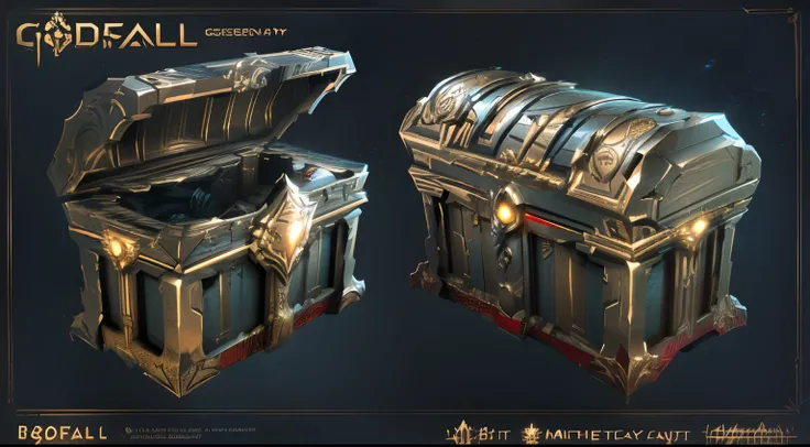 There are two chests，It has a gold and red design on it, polycount contest winner, object concept art, ultra detailed concept art, trending on polycount, highly detailed concept art, game assets, detailed conceptual drawing, chest, featured on polycount, L...