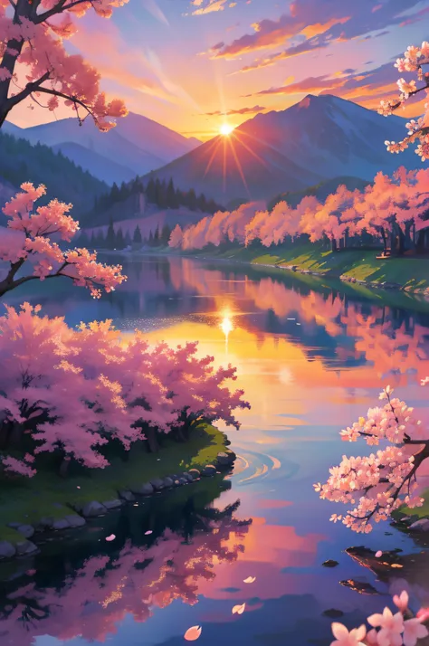 cherry blossom terrain, lake, sunset, scenery, masterpiece, wallpaper