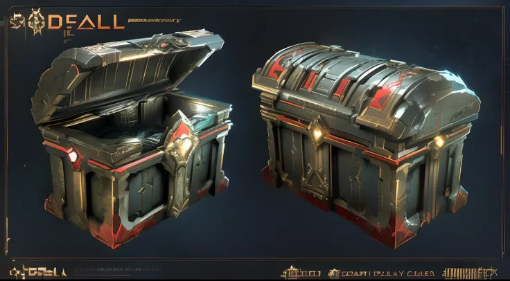 There are two red boxes，There is a red design on it, polycount contest winner, object concept art, ultra detailed concept art, trending on polycount, highly detailed concept art, game assets, detailed conceptual drawing, chest, featured on polycount, Large...