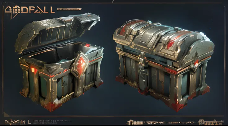 There are two red boxes，There is a red design on it, polycount contest winner, object concept art, ultra detailed concept art, trending on polycount, highly detailed concept art, game assets, detailed conceptual drawing, chest, featured on polycount, Large...