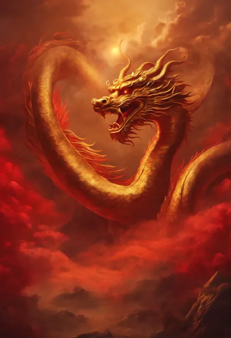 landscape painting，Red toned background，A huge Chinese dragon golden in the air