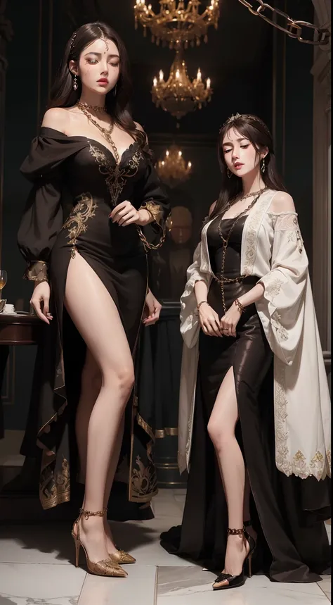 top quality picture　　、United Kingdom　、Large aristocratic mansion　、(((Brown High Heels))) ,　(((Black coloring and chain)))　　、Eyes closed、White luxury embroidered dress、is standing　、Two Women　、　Dark hair　、Detailed expression　, beautidful eyes,　super low angl...