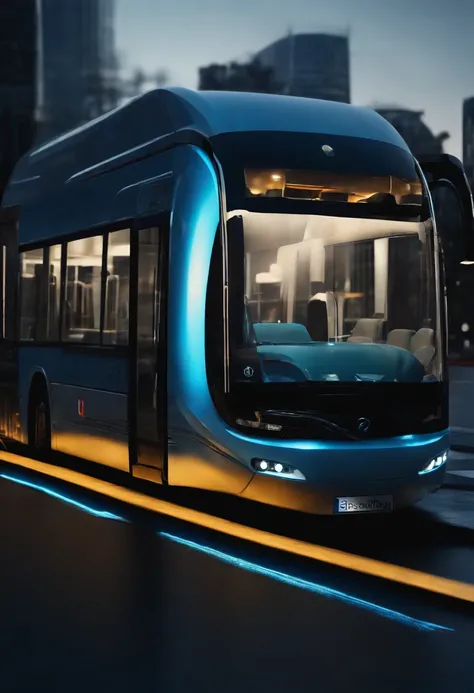 (Best quality,4K,8K,A high resolution,Masterpiece:1.2),Ultra-detailed,(Realistic,Photorealistic,photo-realistic:1.37),Futuristic tech bus exterior,3D rendering of,Shiny metal surface,streamlined line design,Stylish aerodynamic shape,Large panoramic windows...