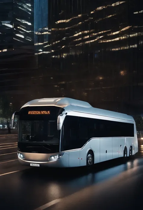 (Best quality,4K,8K,A high resolution,Masterpiece:1.2),Ultra-detailed,(Realistic,Photorealistic,photo-realistic:1.37),Futuristic tech bus exterior,3D rendering of,Shiny metal surface,streamlined line design,Stylish aerodynamic shape,Large panoramic windows...