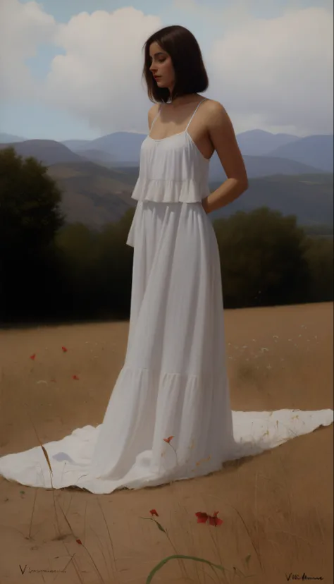 Hay una mujer con un vestido blanco traslucido,desnuda parada en un campo, por Vincent Lefevre, inspirado en Pierre Auguste Cot, completamente vestido. Pintura de sexy, inspirado por Vincent Lefevre, inspirado por Francesco Hayez, by Raphaël Collin, Krenzc...