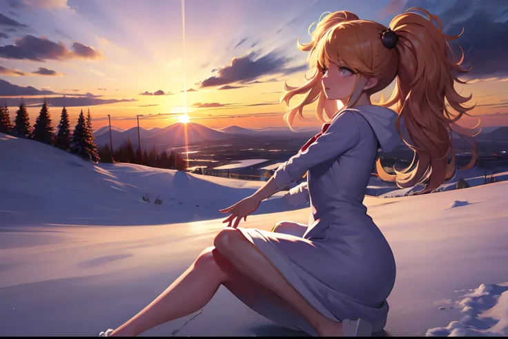 absurdres, highres, best quality, 1girl, snow,comfy, scenery, sunset, clouds, wind,