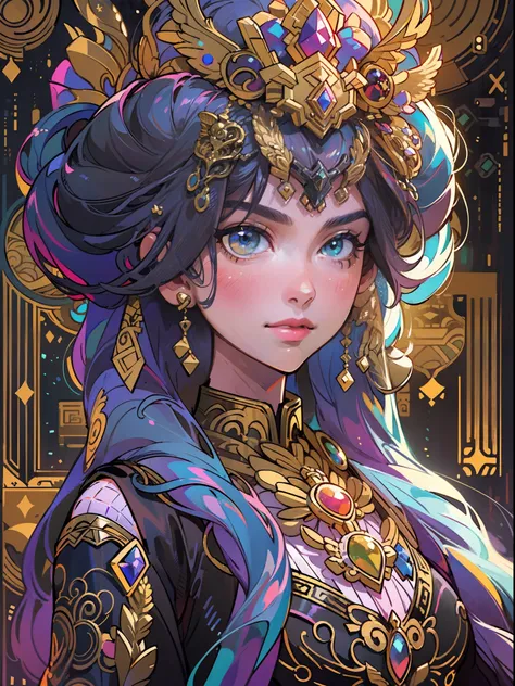 ((Masterpiece)), ((best quality)), ((super detailed)), (highly detailed CG illustrations), stunning black and gold undertones, a delicate but strong petite figure with an aura of mystery and magic. Pay close attention to complex facial features, such as at...