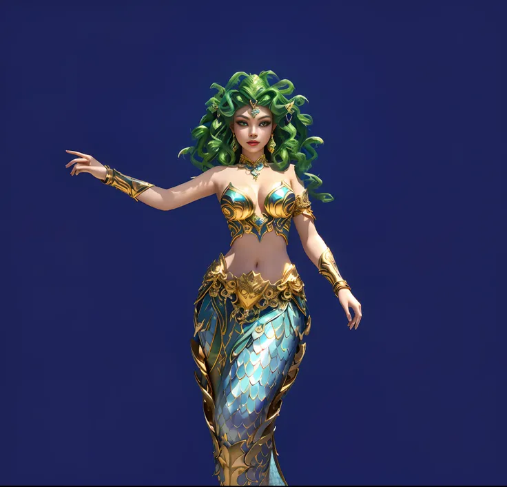 Wearing a gold and blue dress，Green-headed Arad woman, beautiful female gorgon, epic 3 d yemaya, beautiful and elegant elf queen, portrait of mermaid queen, portrait of mermaid warrior, Asian Woman Water Elemental, 3 d goddess minerva, a beautiful fantasy ...