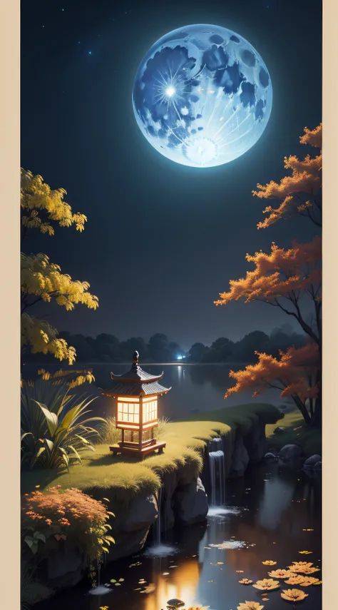 (Best quality,4K,A high resolution,Masterpiece:1.2),Ultra-detailed,Realistic,Chinese style, "Mid-Autumn Festival" theme, Simple background, Blue, Moon, a plant，The yellow moon is in the upper right corner