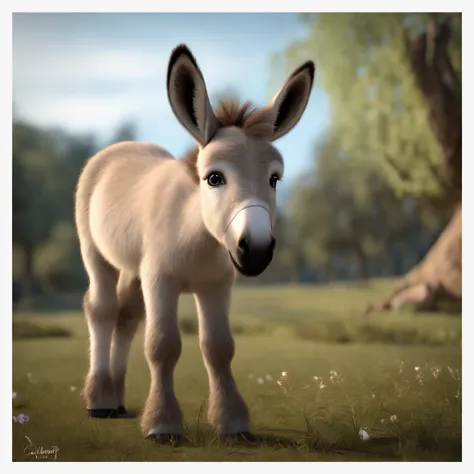 Animated character Avanti leads a cute little donkey，depth of fields，high light，Real light，Ray traching，oc rendered，Hyper-realistic，best qualtiy，8K，Works of masters，super-fine，Detailed pubic hair，Correct anatomy，sharp focus on eyes，Bokeh，Facial features ar...