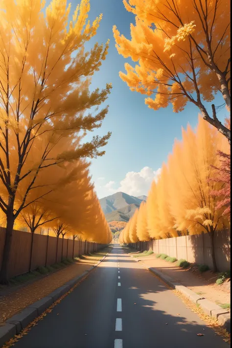 a clean road, apricot trees, falling leaves, vibrant colors, detailed leaves, peaceful atmosphere, autumn vibes, golden sunlight, picturesque scene, clear blue sky, crisp air, serene beauty