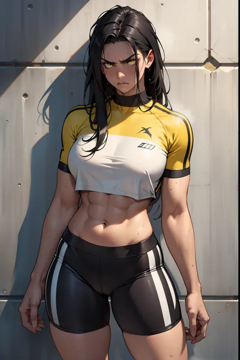 1 girl, solo, black, hair, extremely long hair, yellow eyes, angry, large breasts, thick thighs, curvy, wide hips, (muscular), toned body, crop top, bike shorts, navel, abs, concrete, sweaty