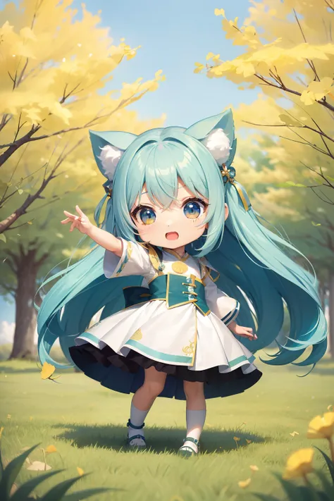 Chibichara　long hair with blue hair((Chibi Chara))、White and green costume with fluff、girl with、Chibi Chara、full body Esbian、Pastel colors hair、masutepiece、top-quality、Rows of yellow ginkgo trees、Chibi characters are flying。