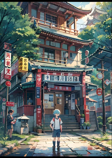 1boy,Mans ,Cyberpunk Boy、silber hair、poneyTail、The beginning of the adventure、Dragon in the sky、magic hour with clouds,beautiful Fireworks、ruined and devastated city、Complex Japan buildings、school buildings、temple、shrines、railroad crossing、Bus stop、Trees、W...