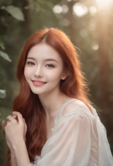 8K HD video, A young woman with unusual beauty is the central focus. Her red hair, Long and smooth, Cascade shoulders and back, It seems to glow like a ruby thread in the light. His light brown eyes are deep and expressive, Capture the light dancing around...