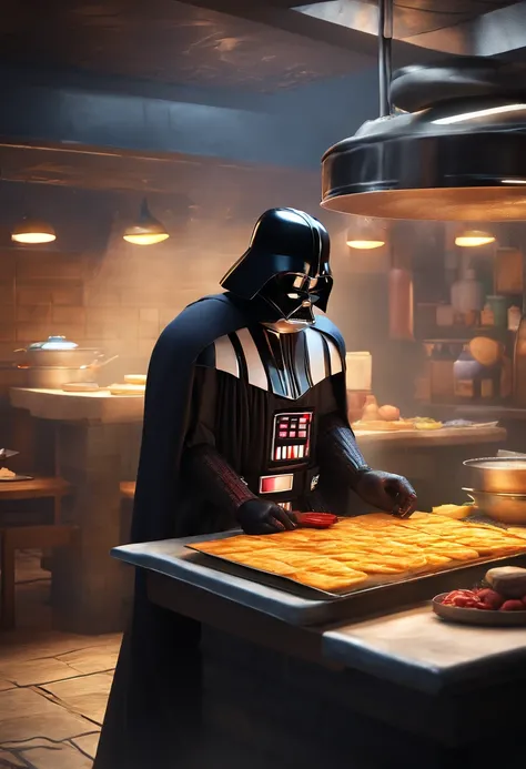 Darth Vader making roti canai food in a restaurant