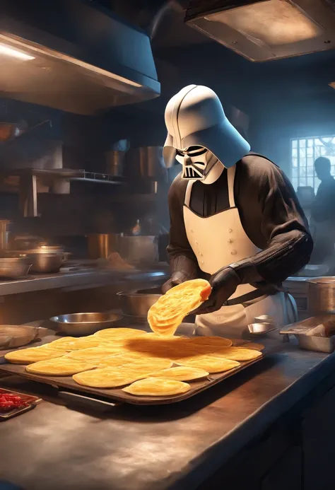 Darth Vader making roti canai food in a restaurant