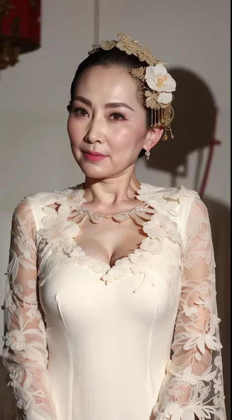 gravure, from the chest up, masutepiece, Best Quality, Ultra-detailed, Photorealistic, super detailed skin, Perfect Anatomy, (1 Chinese), (Solo), 80years old, Saggy udder, Fancy makeup, Chinese actress, glamor, A sexy, Chromo-white skin, Looking at Viewer