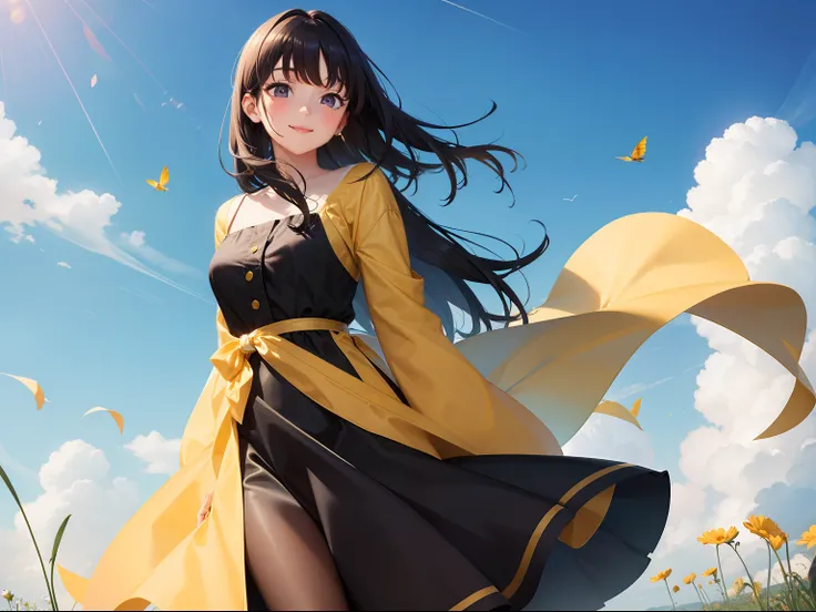 Pretty girl　A dark-haired　Long　Black eyes　a smile　Cosmos field　Long yellow and brown dress flutters in the wind　blue-sky