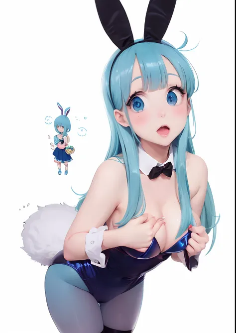 Pose of the blue-haired girl in the photo, Bunny Girl, Colossal tits, loli in dress, bulma from dragon ball, With bunny ears, sie boob, Sweating, Blushing, a picture, Top image quality