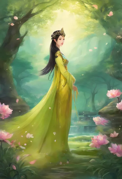 Spring has just begun，The background is a flower that has not bloomed，Yellow-green predominantly，golondrinas，The middle shoots are the main body，Green meadow，Wearing Chinese Han Dynasty costumes，Chinese fairy with loose black hair