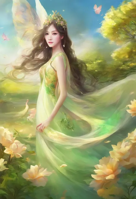 Spring has just begun，The background is a flower that has not bloomed，Yellow-green predominantly，golondrinas，The middle shoots are the main body，Green meadow，Wearing Chinese Han Dynasty costumes，Chinese fairy with loose black hair