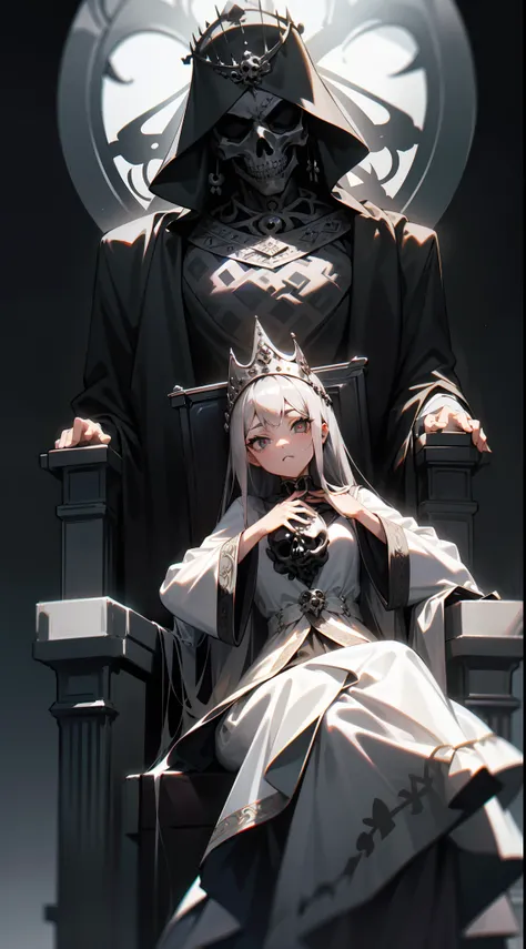 (A girl:1.1)(Long silver hair)(Black classical robes)(Wearing a silver crown)(Holding a sickle)(Sit on a throne made of a skull)(The background is filled with a thick gray mist)(A looming silhouette of a winged figure)