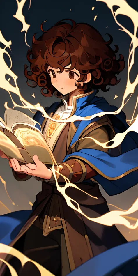 (masterpiece, best quality), 1boy, in a school, brown curly hair, mage outfit, magic