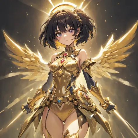 Ultra-high saturation，（tmasterpiece）， fully body photo，（best qualityer）， （1 Tape）， Starry sky ceiling，Wearing shiny gold armor， Sexy lingerie armor，Expose your chest，showing waist，exposing thighs，cool-pose， Saint Seiya Armor， hair messy，high detal, style o...