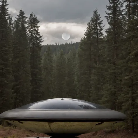 Et gray com grandes olhos negros, In the background a large flying saucer with several lights illuminating the forest, Cinematic art and high resolution.