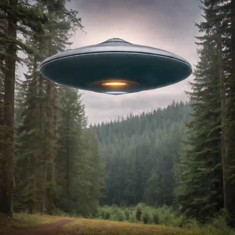 Et gray com grandes olhos negros, In the background a large flying saucer with several lights illuminating the forest, Cinematic art and high resolution.