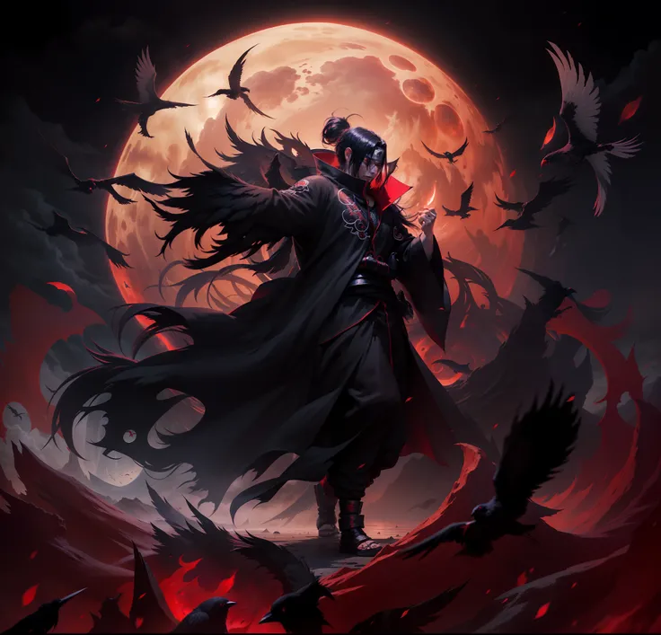 Young man dressed in a black cloak of Akatsuki clouds, Uchiha Itachi, itachi, akatsuki akira, Narutos Itachi Uchiuchiha, epic digital art illustration, shinobi, naruto artstyle, Red moon on background, Red Theme, Long hair, The crows surrounding him、Hellfi...