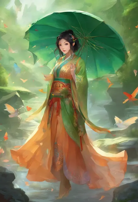 Underwear rain，Slanted and dense raindrops，water，Mountains，oil-paper umbrella，There is fog，ladybug，Buds，Cogumelos，Wearing Chinese Han Dynasty costumes，Chinese fairy with loose black hair，The fairy holds an umbrella，green color