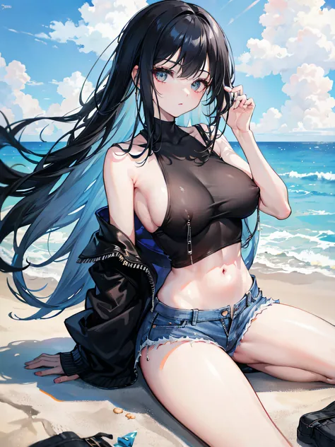 1woman, long black hair, nsfw, wearing see through tanktop, denim shorts, beach, absurdres, high res, ultrasharp, 8k, masterpiece, lookin at viewer