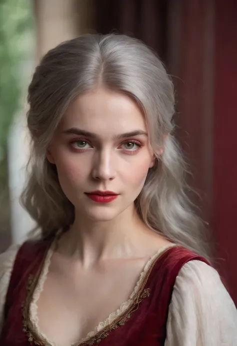 (((A deep red wound streaked across her left cheek))) Fair complexion, A woman around 19 years old, Natural gray hair, Unique green eyes, Wear Cole, Slender and graceful, Beautiful, Candlelight in a medieval setting, super sharp focus, realistic lens, Medi...