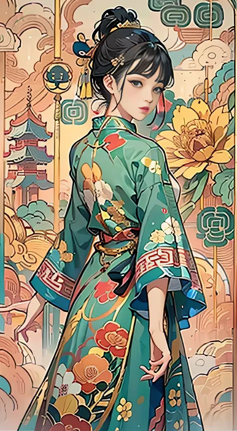 https://s.mj.run/IJ-D7sEUcM4 A cartoon illustration of a women in a Green Chinese style cheongsam over artby becca doodlefly,front view, in the style of grunge beauty, sandara tang, mixed patterns, textand emoji installations, close up, charming character ...