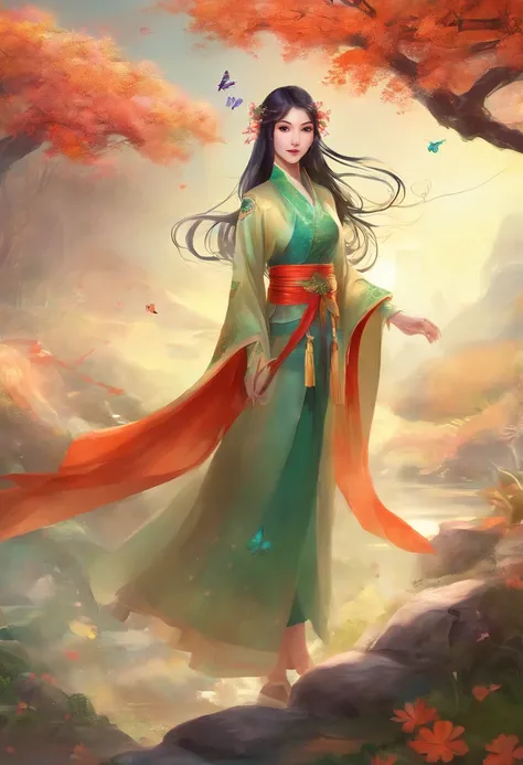 Wearing Chinese Han Dynasty costumes，Chinese fairy with loose black hair，verde claro，There are a lot of insects，butterflys，ladybug，The fairy has butterflies on her hands，Butterflies are flying around，